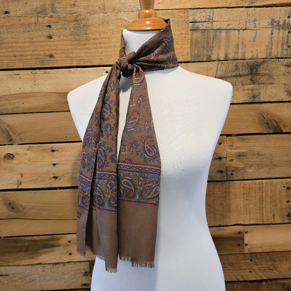 🐕 Vintage Roger Laurent Paris Brown Paisley Scarf 🐕 - Picture 5 of 12